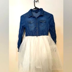 Girl's denim dress with white dotted tulle skirt